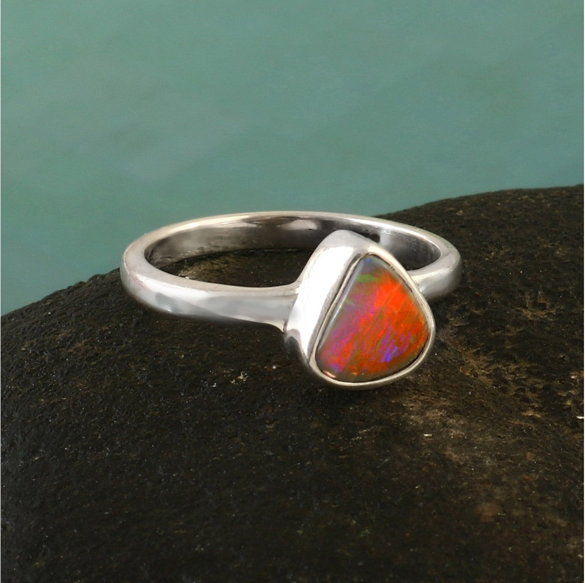 Australian Solid Crystal Opal Ring in 925 Sterling Silver US-7.25 