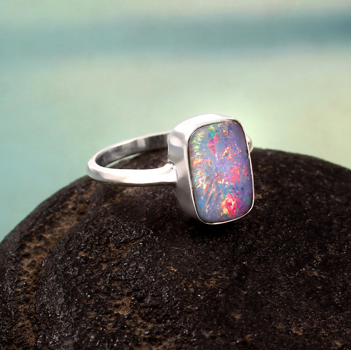 Australian Opal Doublet Ring in 925 Sterling Silver US-7.75 