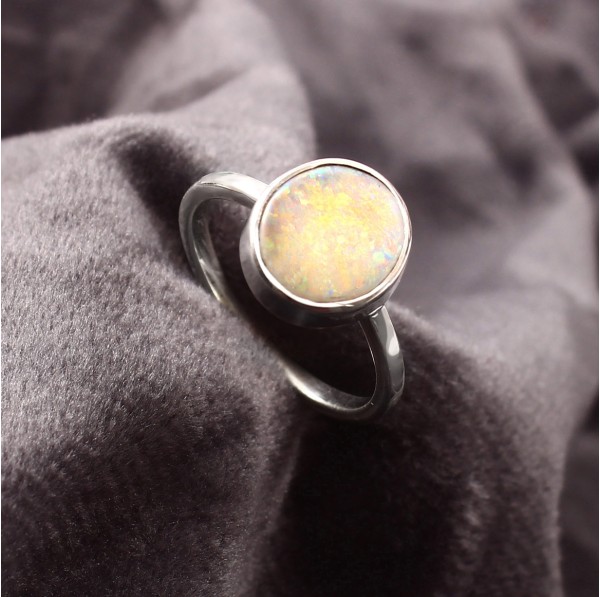 Australian Solid White Opal Ring in 925 Sterling Silver US-6.50 #LXJ015