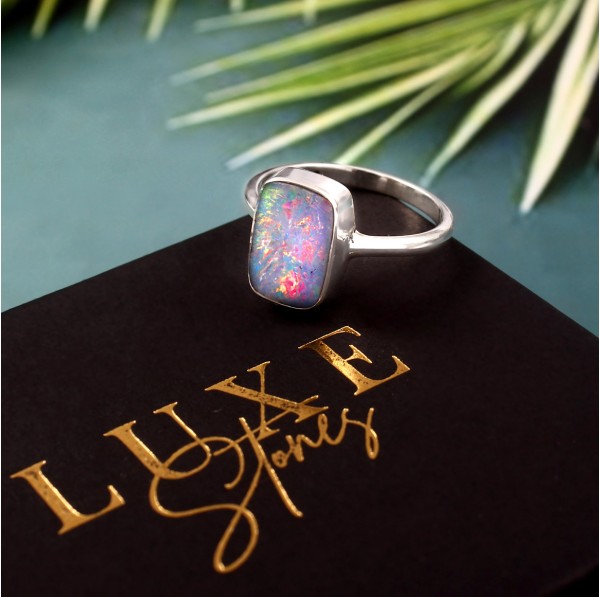 Australian Opal Doublet Ring in 925 Sterling Silver US-7.75 #LXJ004
