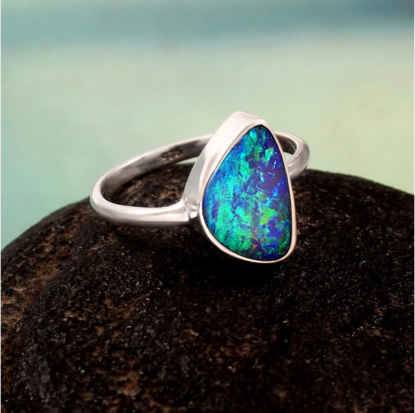 Australian Opal Doublet Ring in 925 Sterling Silver US-8.75 #LXJ005