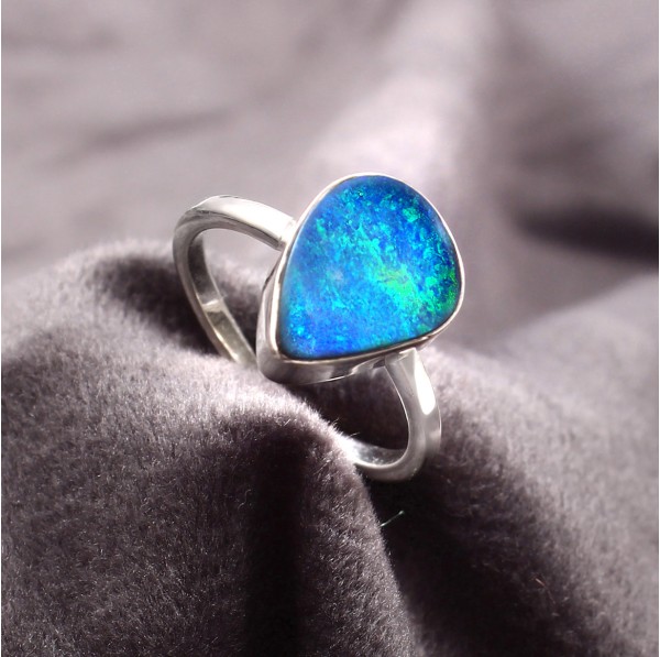 Australian Opal Doublet Ring in 925 Sterling Silver US-6.5 #LXJ009